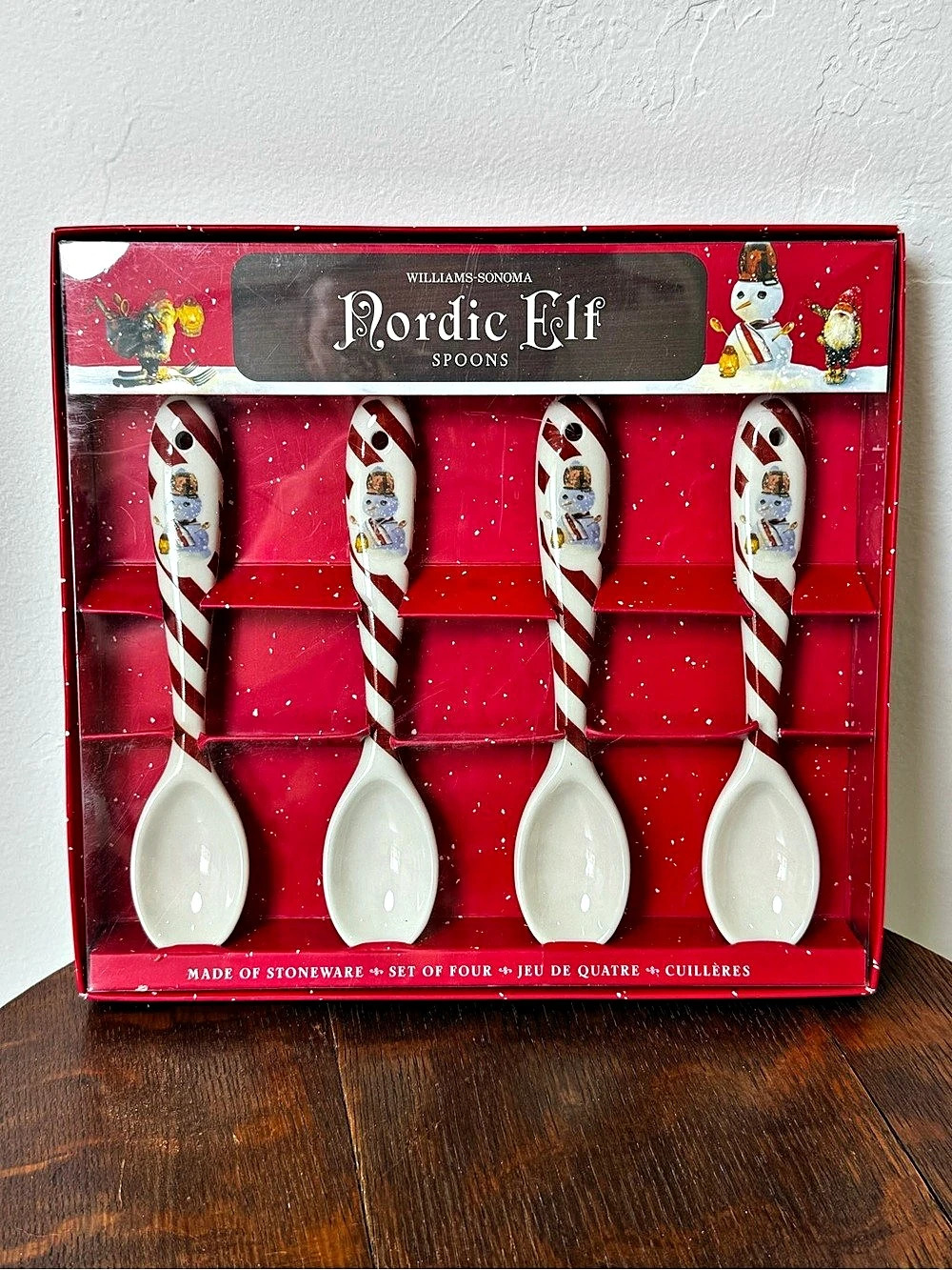 Williams Sonoma Nordic Elf Ceramic Stoneware Spoons 6.25" Candy Cane Set Of 4